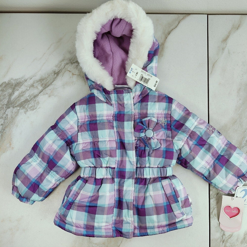 Bon Bebe Infant Baby Purple Blue Plaid Winter Snow Hooded Jacket, Sz 9M